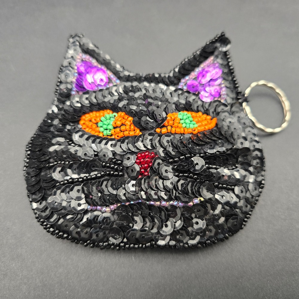Black Cat Sequin Beaded Coin Purse Keychain Halloween Feline Mini Pouch Wallet